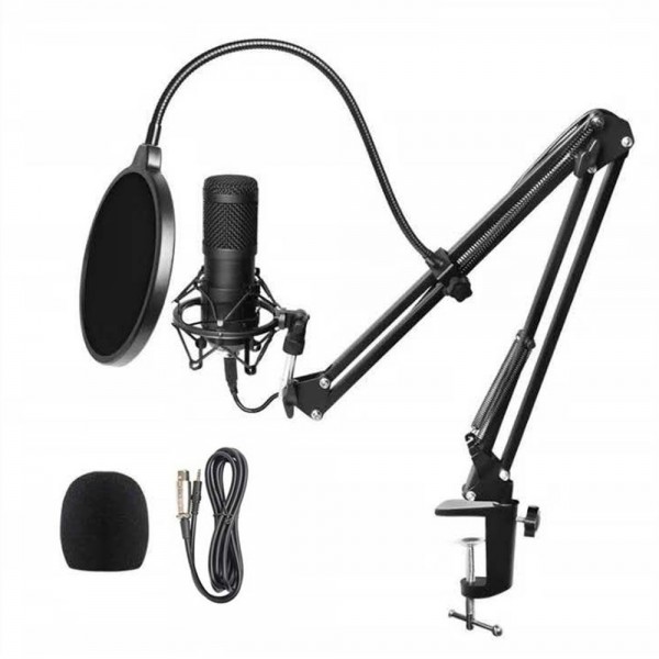 Studio Recording Condenser Microphone Kit with Shock Mount + Flexible Scissor Arm Stand + Pop Filter + Windscreen + Connection Cable for Network Broadcasting Online Singing