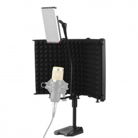 Microphone Isolation Shield Compact Foldable Tabletop Mic Windscreen 3-Panel Sound Absorbing Foam Reflector with Supporting Rod Base Phone Clip 5/8 Inch Screw Adapter for Studio Professional Recording Singing Live Stream